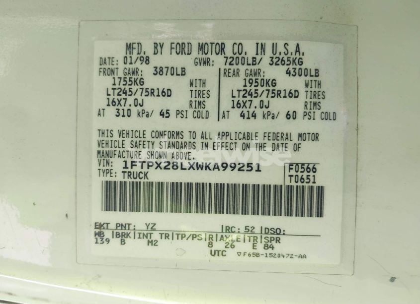 Photo 9 of 1998 Ford F-250 LARIAT/STANDARD/XL/XLT (VIN 1FTPX28LXWKA99251)