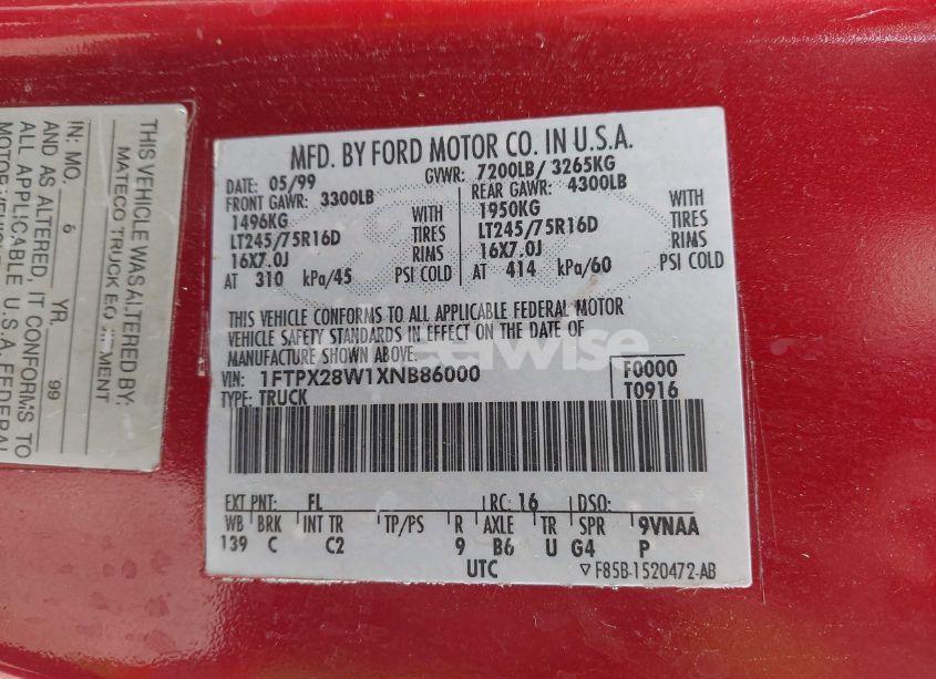 Photo 8 of 1999 Ford F-250 LARIAT/WORK SERIES/XL/XLT (VIN 1FTPX28W1XNB86000)