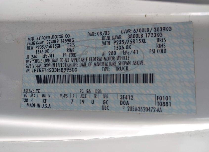 Photo 9 of 2003 Ford E-150 COMMERCIAL (VIN 1FTRE14233HB99500)