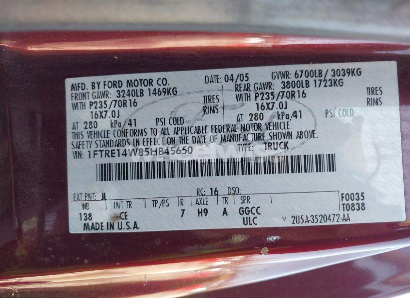 Photo 9 of 2005 Ford E-150 COMMERCIAL/RECREATIONAL (VIN 1FTRE14W85HB45650)