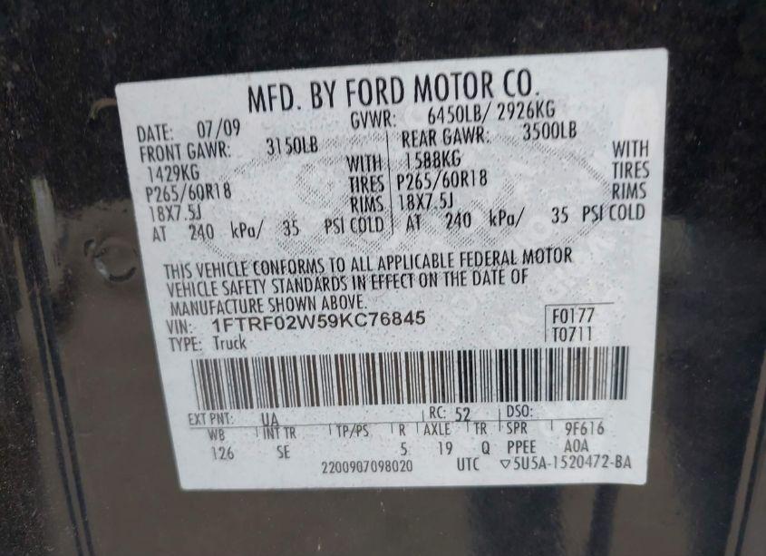 Photo 9 of 2009 Ford F-150 STX/XLT (VIN 1FTRF02W59KC76845)