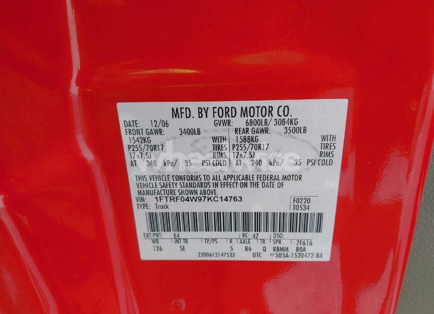 Photo 9 of 2007 Ford F-150 STX/XLT (VIN 1FTRF04W97KC14763)