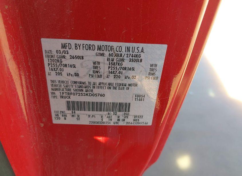 Photo 9 of 2003 Ford F-150 XL/XLT (VIN 1FTRF07253KD05760)