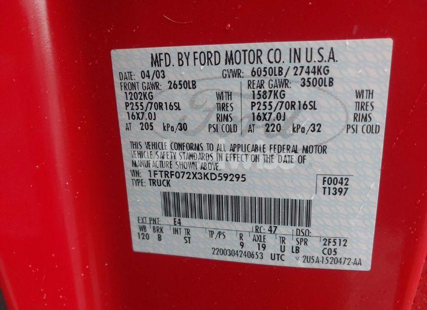 Photo 9 of 2003 Ford F-150 XL/XLT (VIN 1FTRF072X3KD59295)