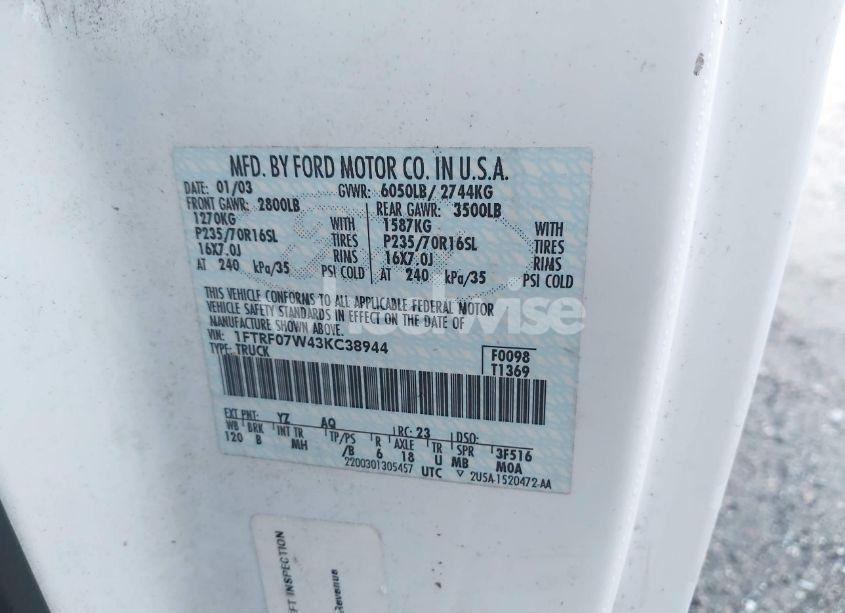 Photo 9 of 2003 Ford F-150 XL/XLT (VIN 1FTRF07W43KC38944)