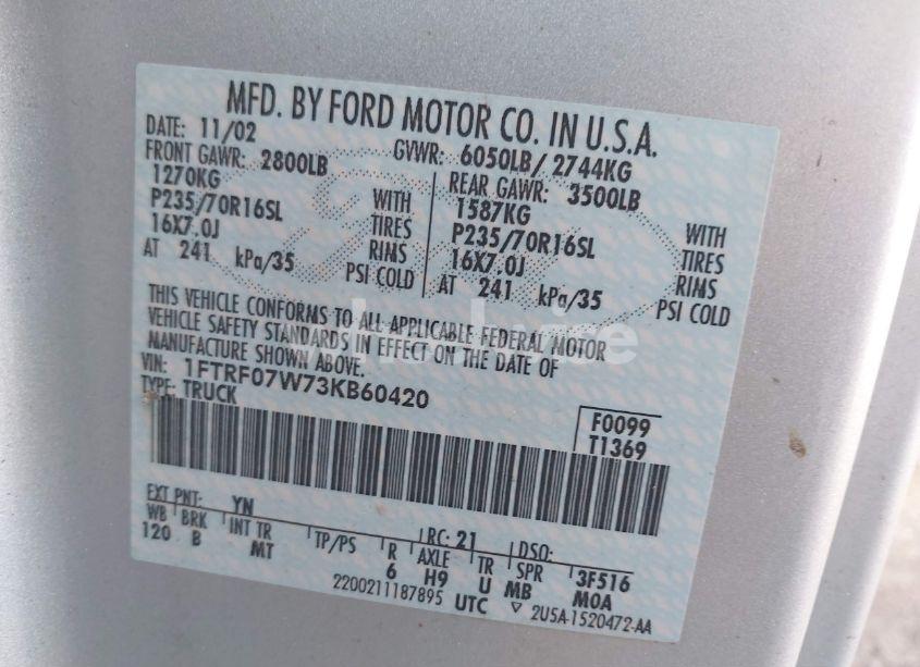 Photo 9 of 2003 Ford F-150 XL/XLT (VIN 1FTRF07W73KB60420)