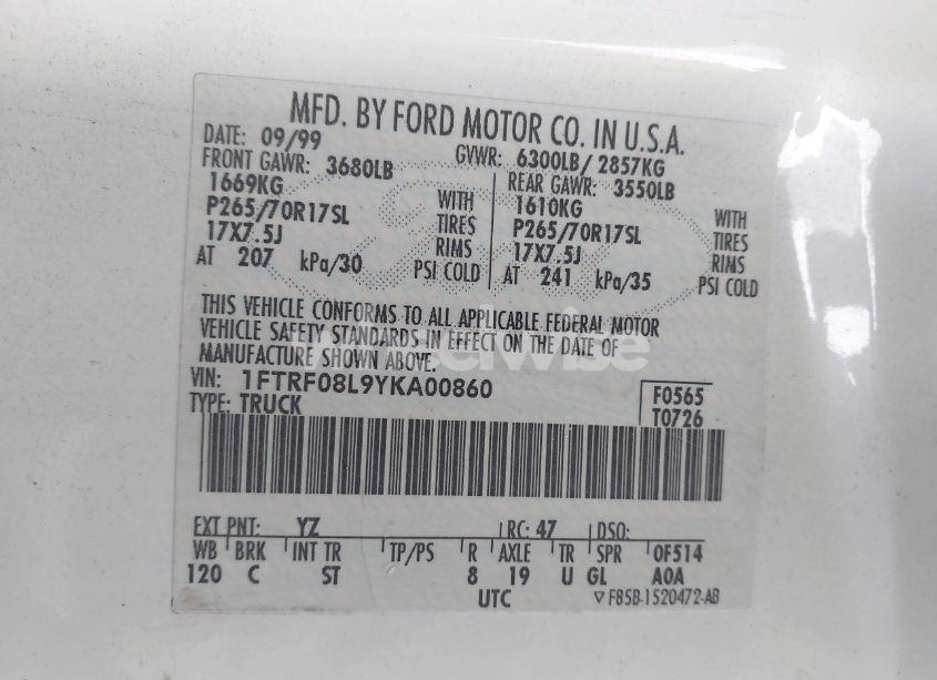 Photo 9 of 2000 Ford F-150 XL/XLT (VIN 1FTRF08L9YKA00860)