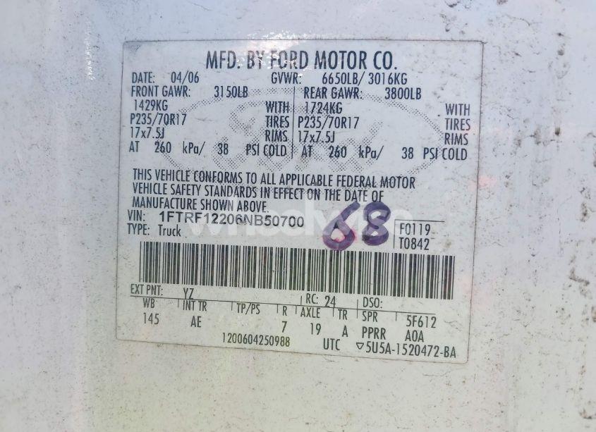 Photo 9 of 2006 Ford F-150 STX/XL/XLT (VIN 1FTRF12206NB50700)