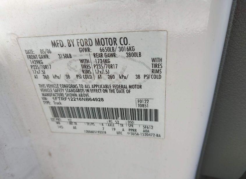 Photo 9 of 2006 Ford F-150 STX/XL/XLT (VIN 1FTRF12216NB64928)