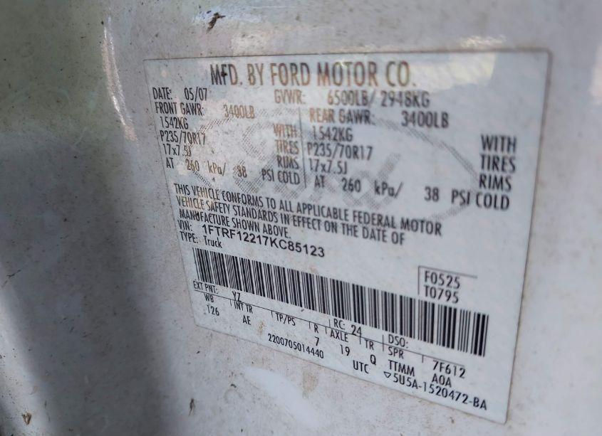 Photo 9 of 2007 Ford F-150 STX/XL/XLT (VIN 1FTRF12217KC85123)