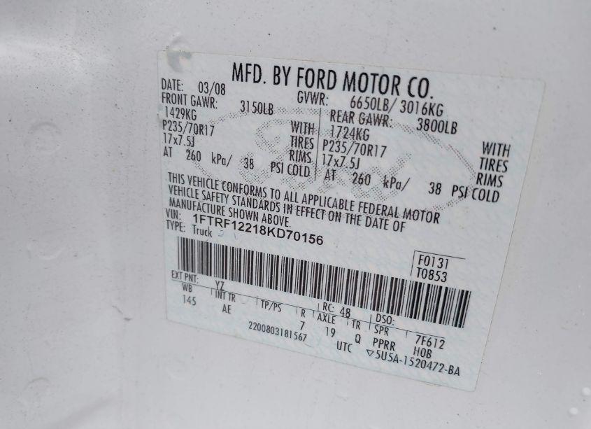 Photo 9 of 2008 Ford F-150 STX/XL/XLT (VIN 1FTRF12218KD70156)