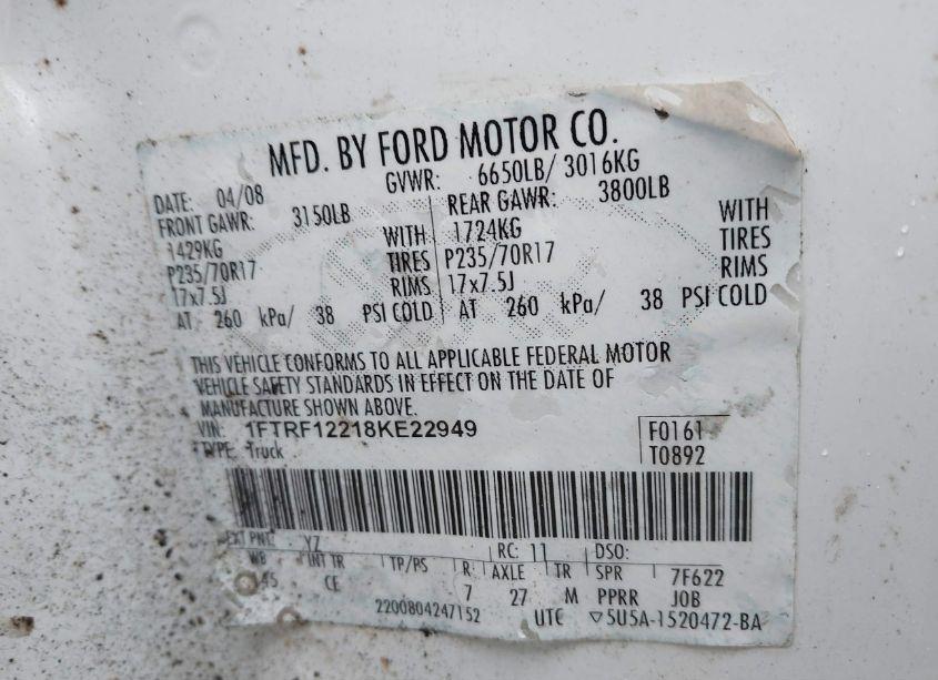 Photo 9 of 2008 Ford F-150 STX/XL/XLT (VIN 1FTRF12218KE22949)