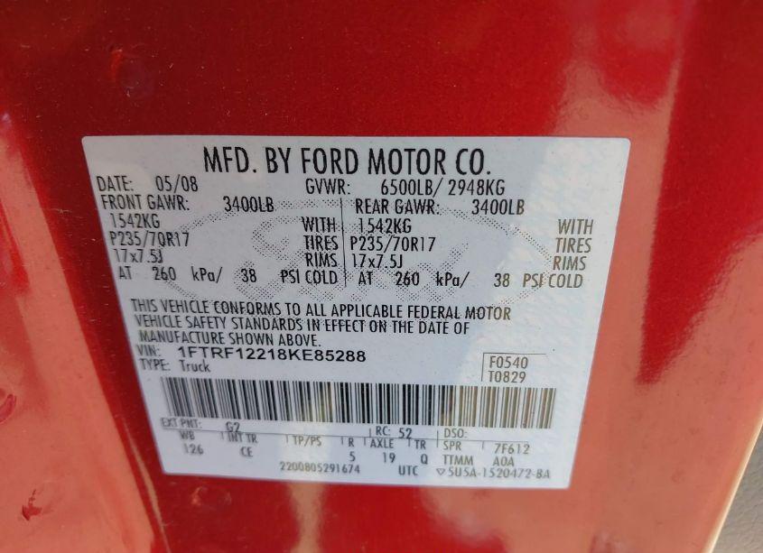 Photo 9 of 2008 Ford F-150 STX/XL/XLT (VIN 1FTRF12218KE85288)