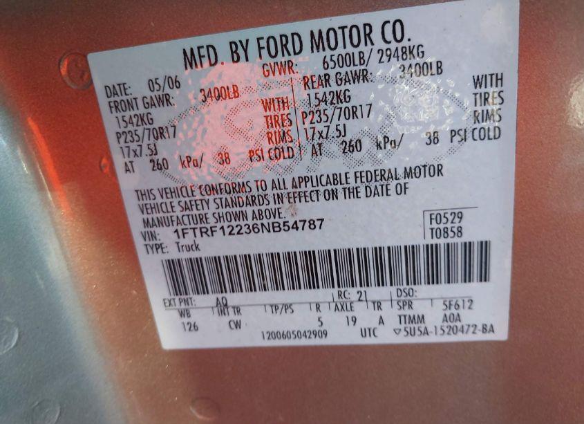 Photo 9 of 2006 Ford F-150 STX/XL/XLT (VIN 1FTRF12236NB54787)