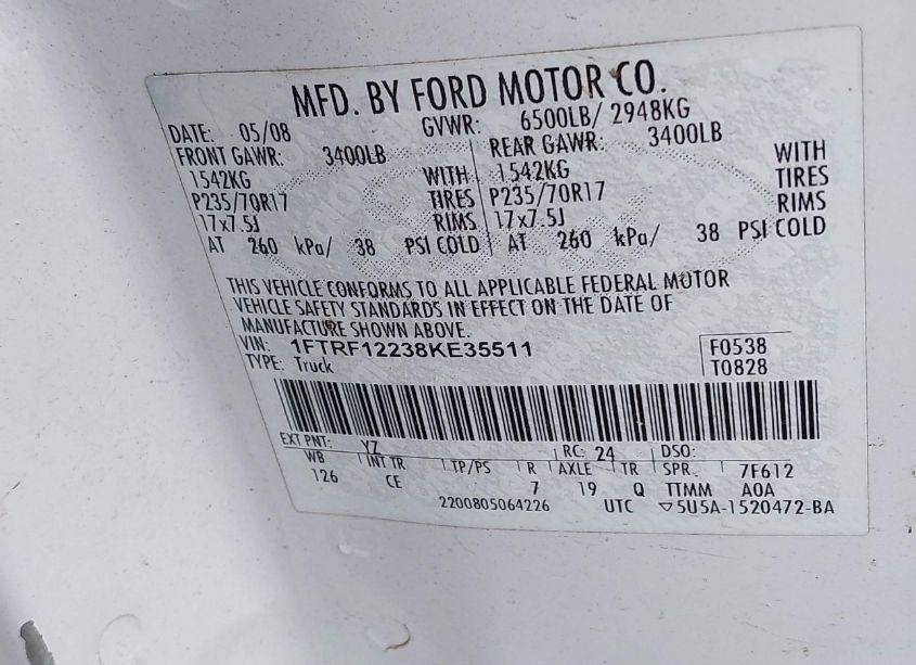 Photo 9 of 2008 Ford F-150 STX/XL/XLT (VIN 1FTRF12238KE35511)