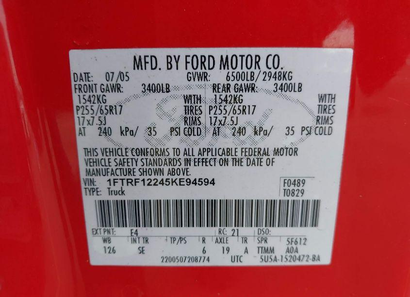 Photo 9 of 2005 Ford F-150 STX/XL/XLT (VIN 1FTRF12245KE94594)