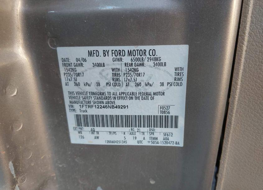 Photo 9 of 2006 Ford F-150 STX/XL/XLT (VIN 1FTRF12246NB49291)