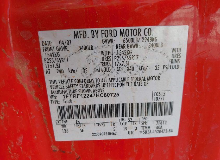 Photo 9 of 2007 Ford F-150 STX/XL/XLT (VIN 1FTRF12247KC80725)