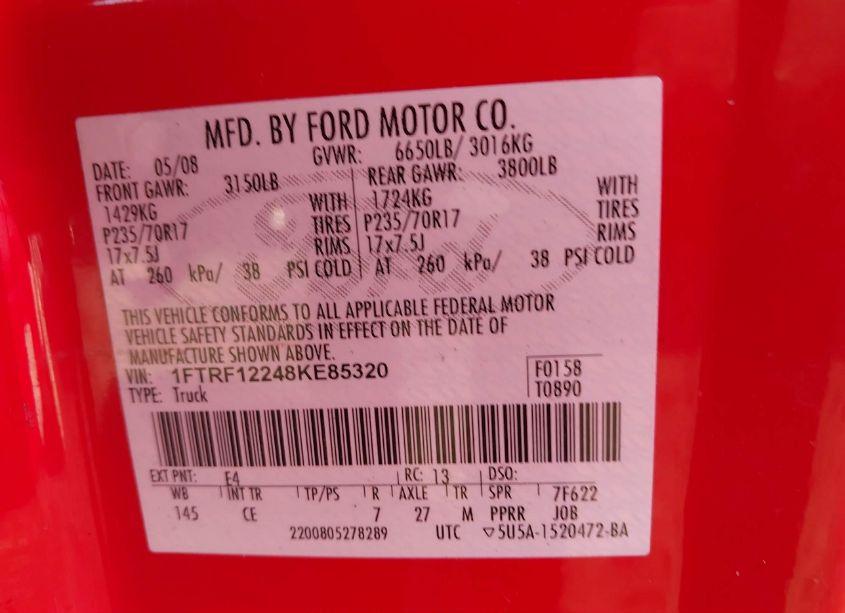 Photo 9 of 2008 Ford F-150 STX/XL/XLT (VIN 1FTRF12248KE85320)