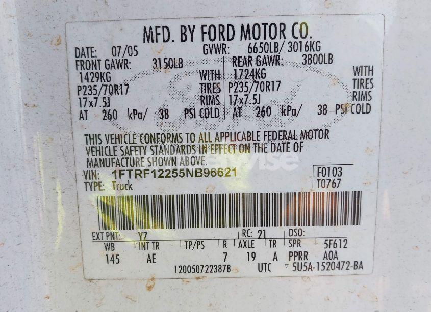 Photo 9 of 2005 Ford F-150 STX/XL/XLT (VIN 1FTRF12255NB96621)