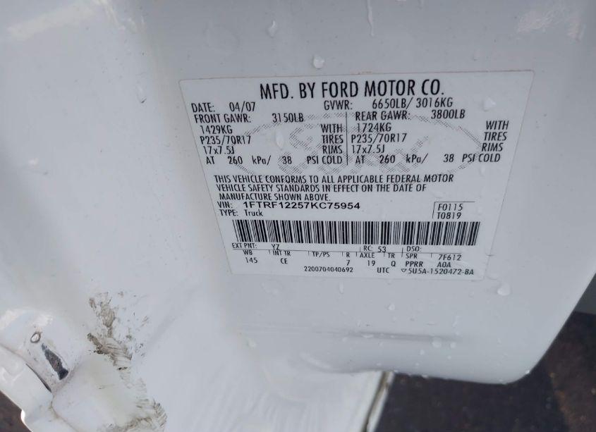 Photo 9 of 2007 Ford F-150 STX/XL/XLT (VIN 1FTRF12257KC75954)