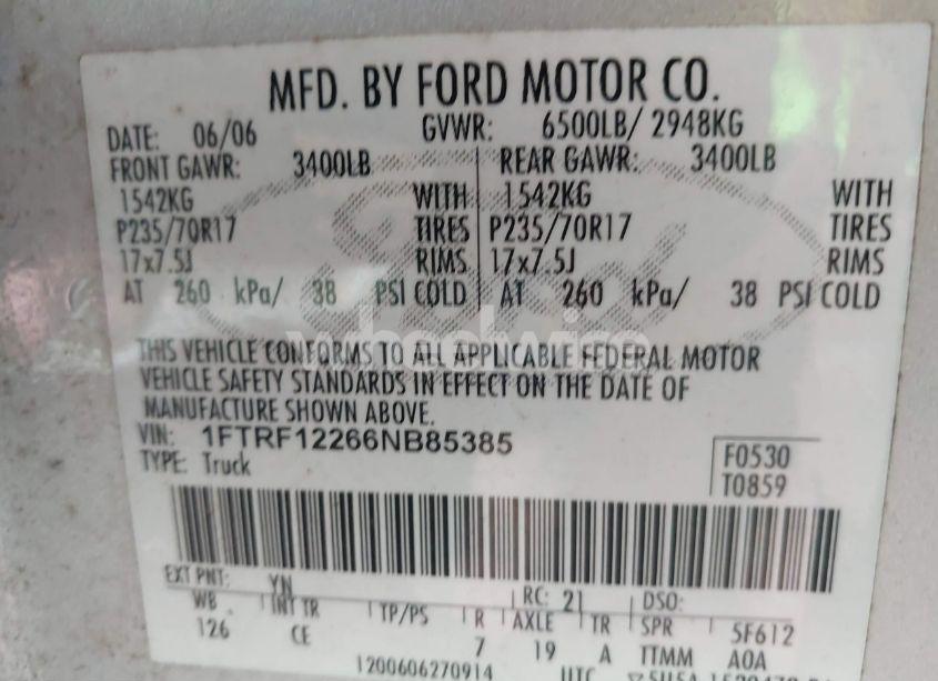 Photo 9 of 2006 Ford F-150 STX/XL/XLT (VIN 1FTRF12266NB85385)