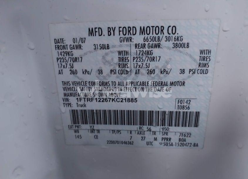 Photo 9 of 2007 Ford F-150 STX/XL/XLT (VIN 1FTRF12267KC21885)