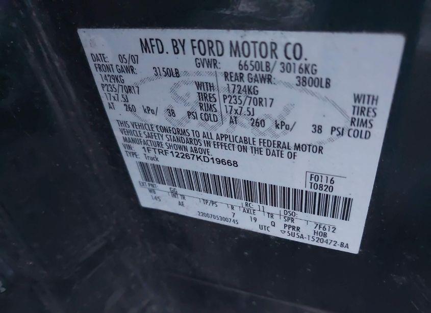 Photo 9 of 2007 Ford F-150 (VIN 1FTRF12267KD19668)