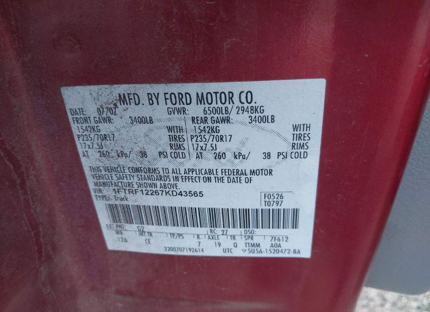 Photo 9 of 2007 Ford F-150 STX/XL/XLT (VIN 1FTRF12267KD43565)