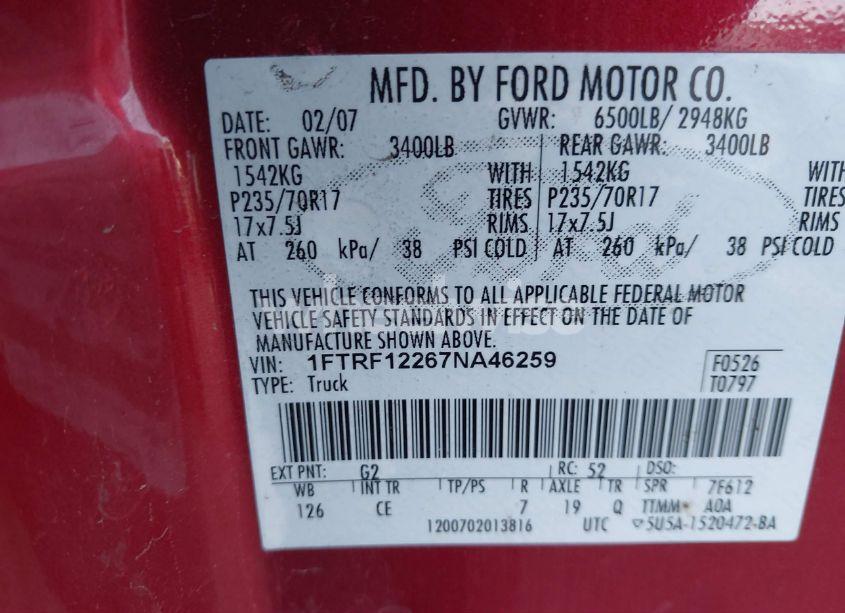 Photo 9 of 2007 Ford F-150 STX/XL/XLT (VIN 1FTRF12267NA46259)