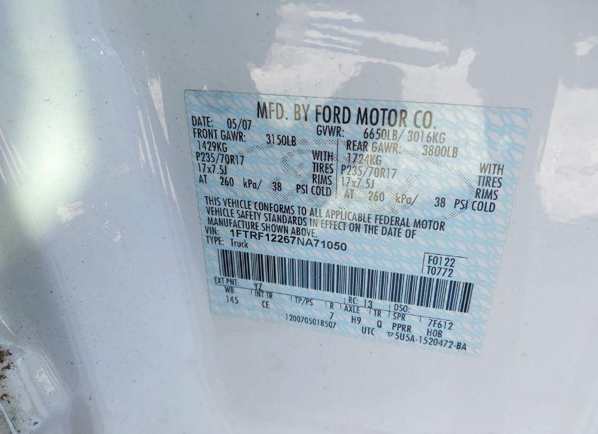 Photo 9 of 2007 Ford F-150 STX/XL/XLT (VIN 1FTRF12267NA71050)