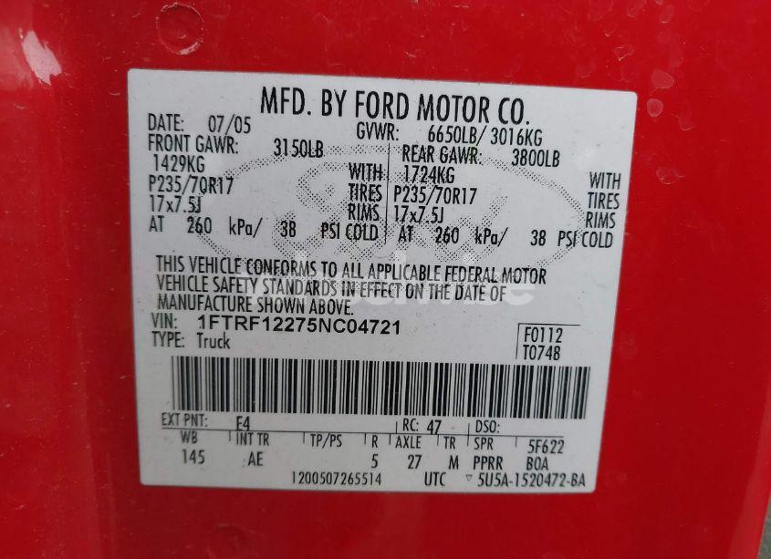 Photo 9 of 2005 Ford F-150 STX/XL/XLT (VIN 1FTRF12275NC04721)