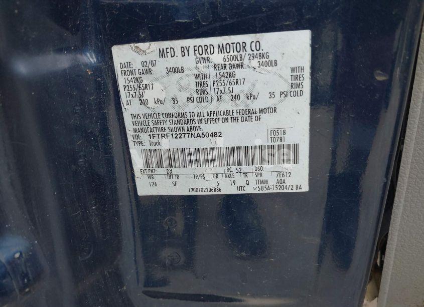 Photo 9 of 2007 Ford F-150 STX/XL/XLT (VIN 1FTRF12277NA50482)