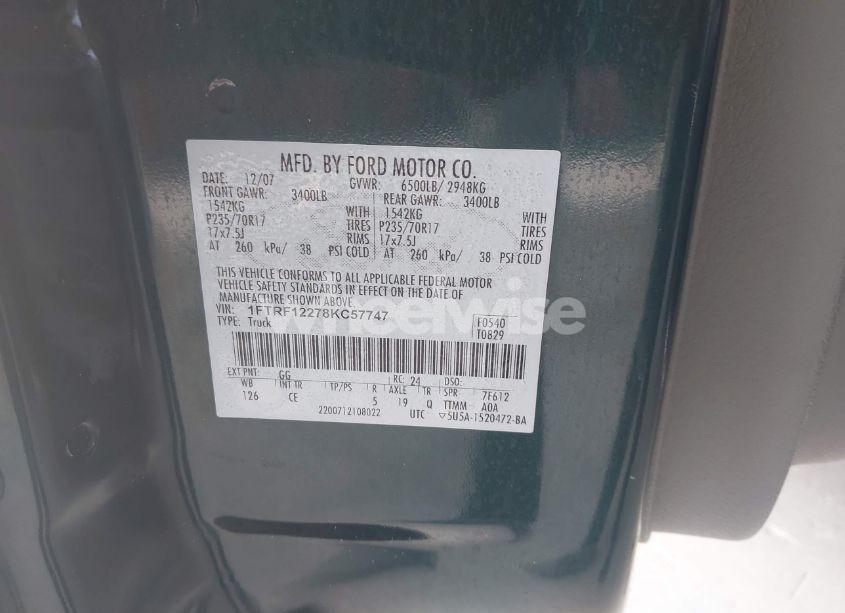 Photo 9 of 2008 Ford F-150 STX/XL/XLT (VIN 1FTRF12278KC57747)