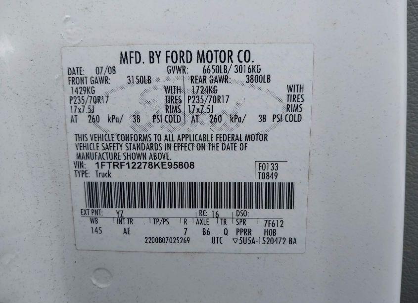 Photo 9 of 2008 Ford F-150 XL (VIN 1FTRF12278KE95808)