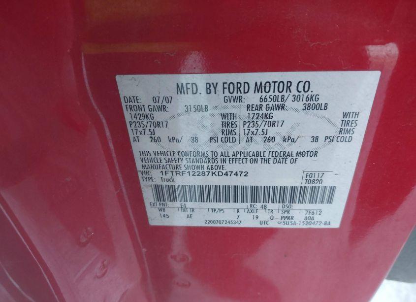 Photo 9 of 2007 Ford F-150 STX/XL/XLT (VIN 1FTRF12287KD47472)