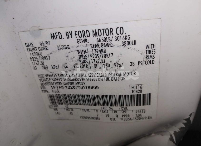 Photo 9 of 2007 Ford F-150 STX/XL/XLT (VIN 1FTRF12287NA79909)