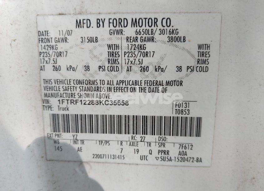 Photo 9 of 2008 Ford F-150 STX/XL/XLT (VIN 1FTRF12288KC35658)