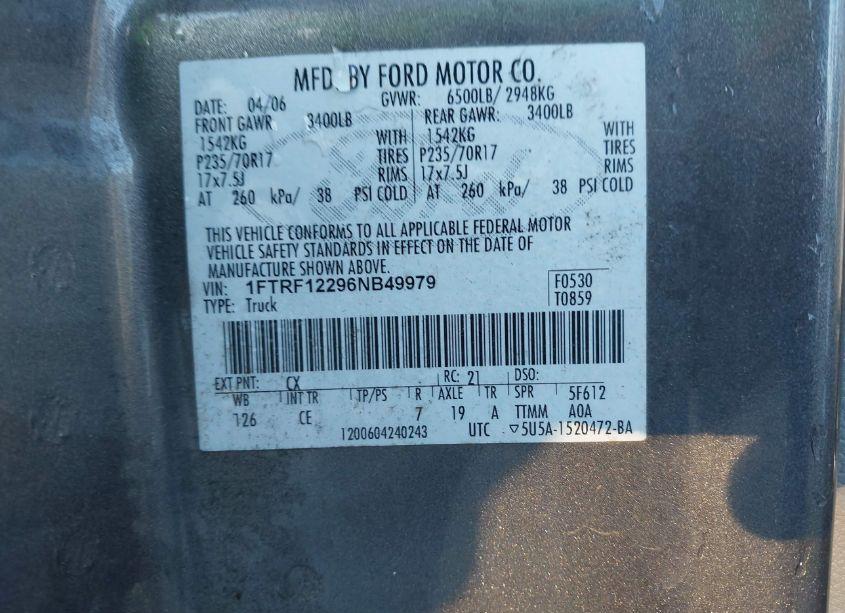 Photo 9 of 2006 Ford F-150 STX/XL/XLT (VIN 1FTRF12296NB49979)