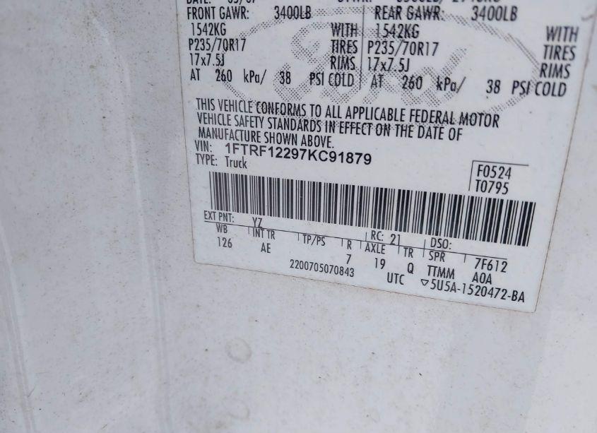 Photo 9 of 2007 Ford F-150 STX/XL/XLT (VIN 1FTRF12297KC91879)