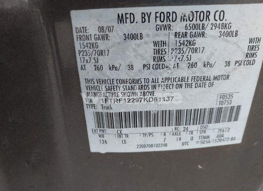 Photo 9 of 2007 Ford F-150 STX/XL/XLT (VIN 1FTRF12297KD61137)