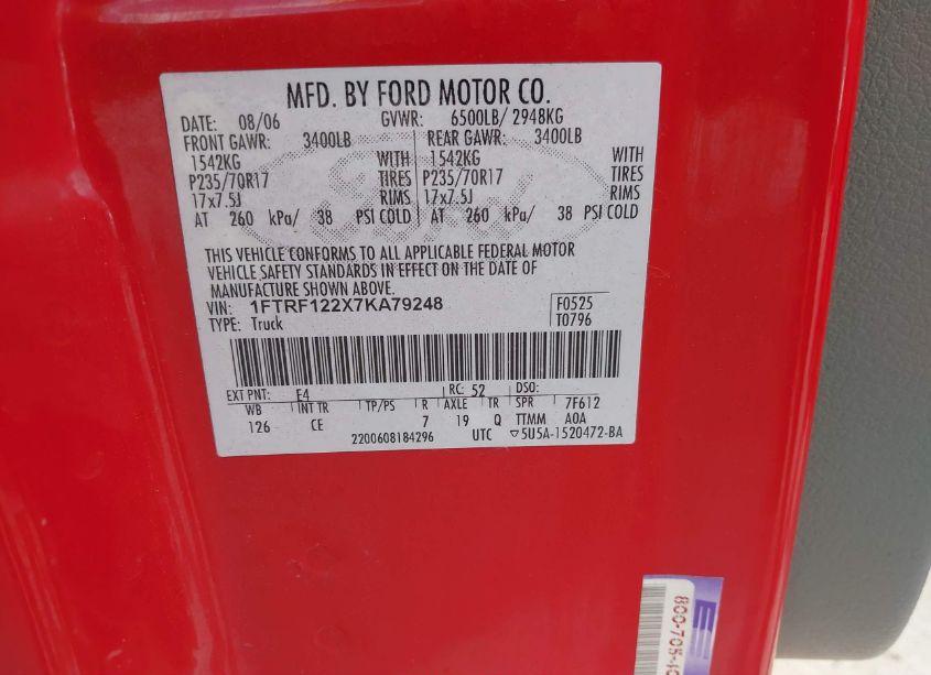 Photo 9 of 2007 Ford F-150 STX/XL/XLT (VIN 1FTRF122X7KA79248)