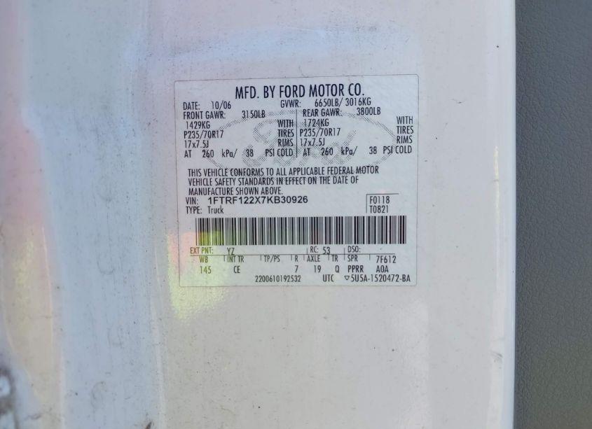 Photo 9 of 2007 Ford F-150 XLT/STX/XL (VIN 1FTRF122X7KB30926)