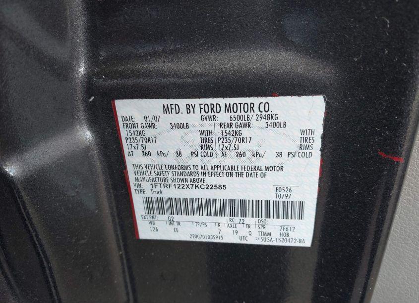 Photo 9 of 2007 Ford F-150 STX/XL/XLT (VIN 1FTRF122X7KC22585)