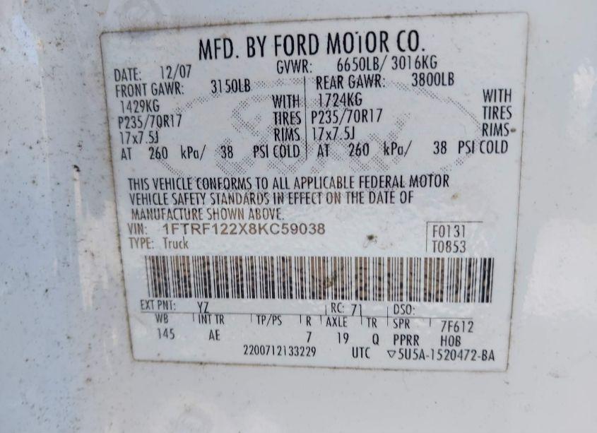 Photo 9 of 2008 Ford F-150 STX/XL/XLT (VIN 1FTRF122X8KC59038)