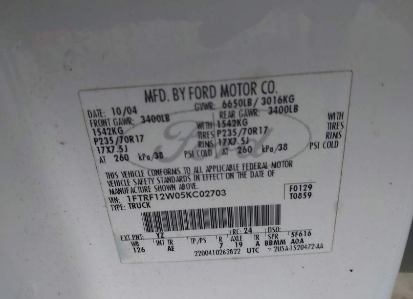 Photo 9 of 2005 Ford F-150 STX/XL/XLT (VIN 1FTRF12W05KC02703)