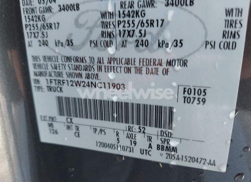 Photo 9 of 2004 Ford F-150 STX/XL/XLT (VIN 1FTRF12W24NC11903)