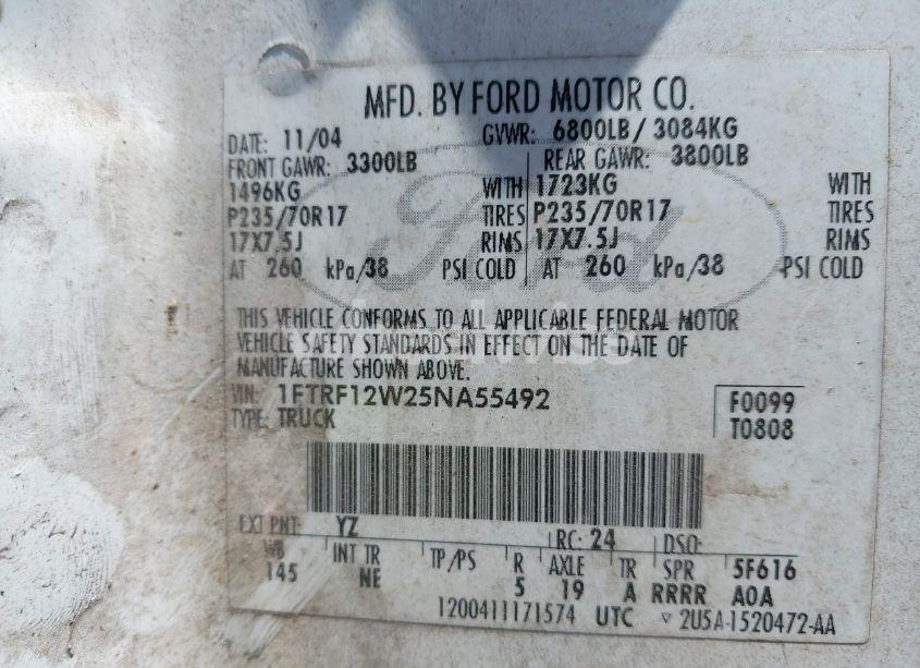 Photo 9 of 2005 Ford F-150 STX/XL/XLT (VIN 1FTRF12W25NA55492)