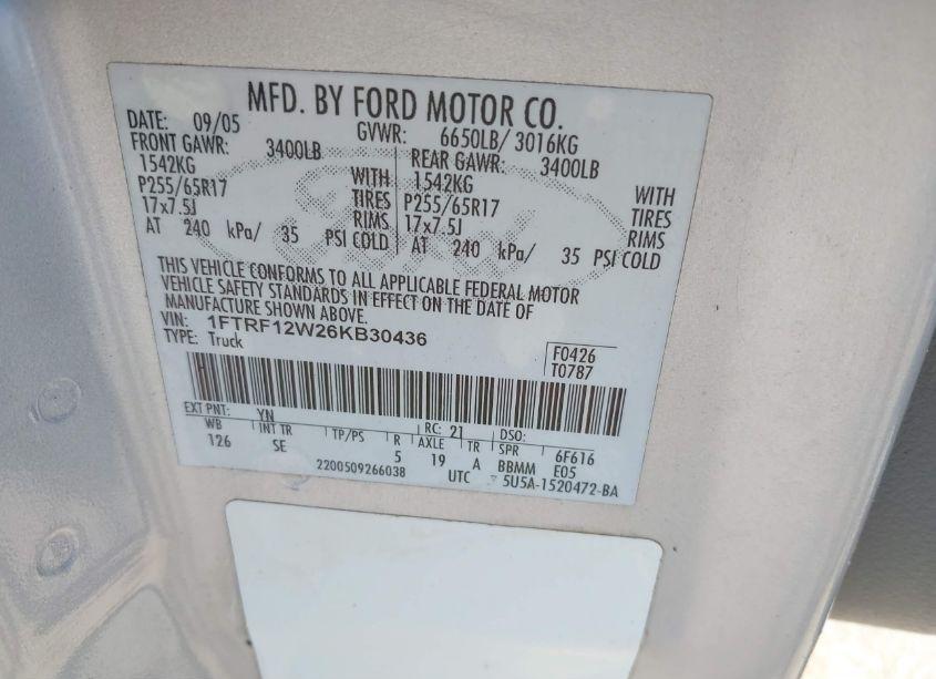 Photo 9 of 2006 Ford F-150 STX/XL/XLT (VIN 1FTRF12W26KB30436)