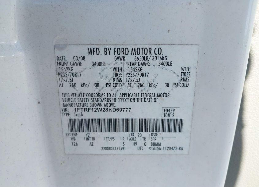 Photo 9 of 2008 Ford F-150 FX2/STX/XL/XLT (VIN 1FTRF12W28KD69777)